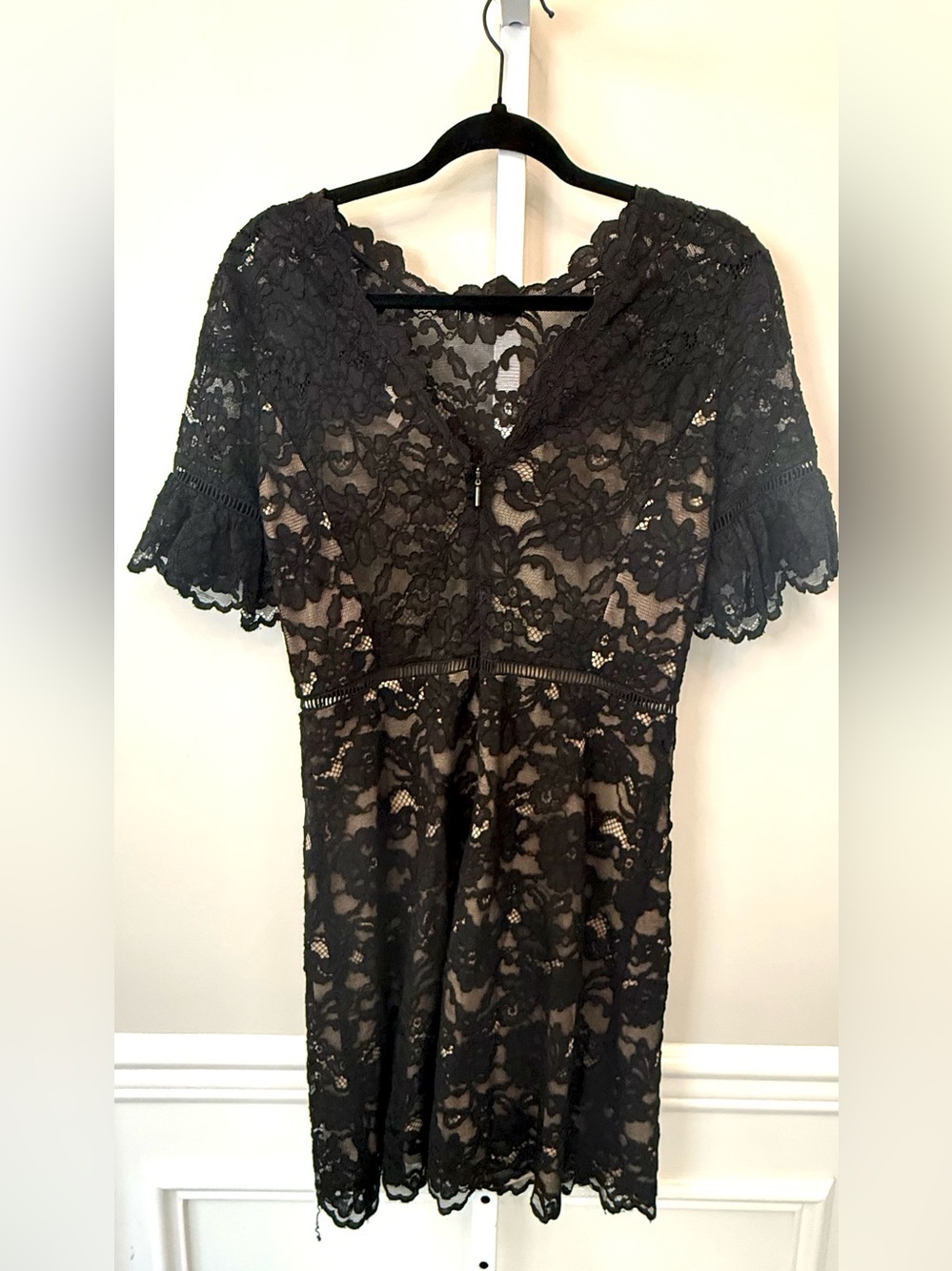 Rebecca Taylor Black Nude Lace Overlay Mini Dress Size 6 Cocktail - Picture 7 of 16